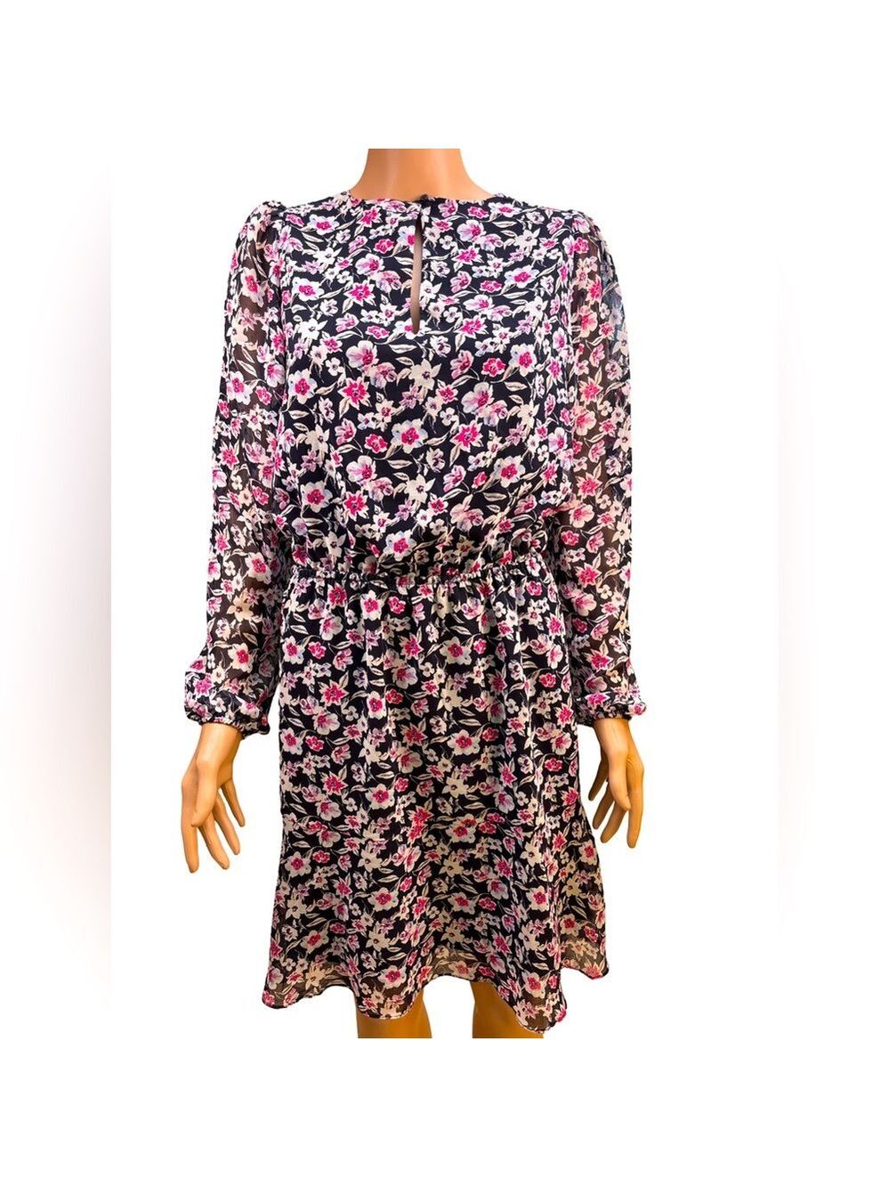 Banana Republic Black and Pink Floral Long Sleeve Dress Medium NWT